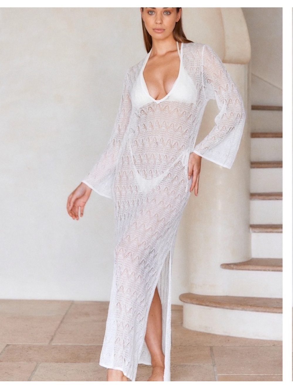Monday Swimwear hayman Dress Sheer Crochet Long Beach Cover-Up Dress - White
